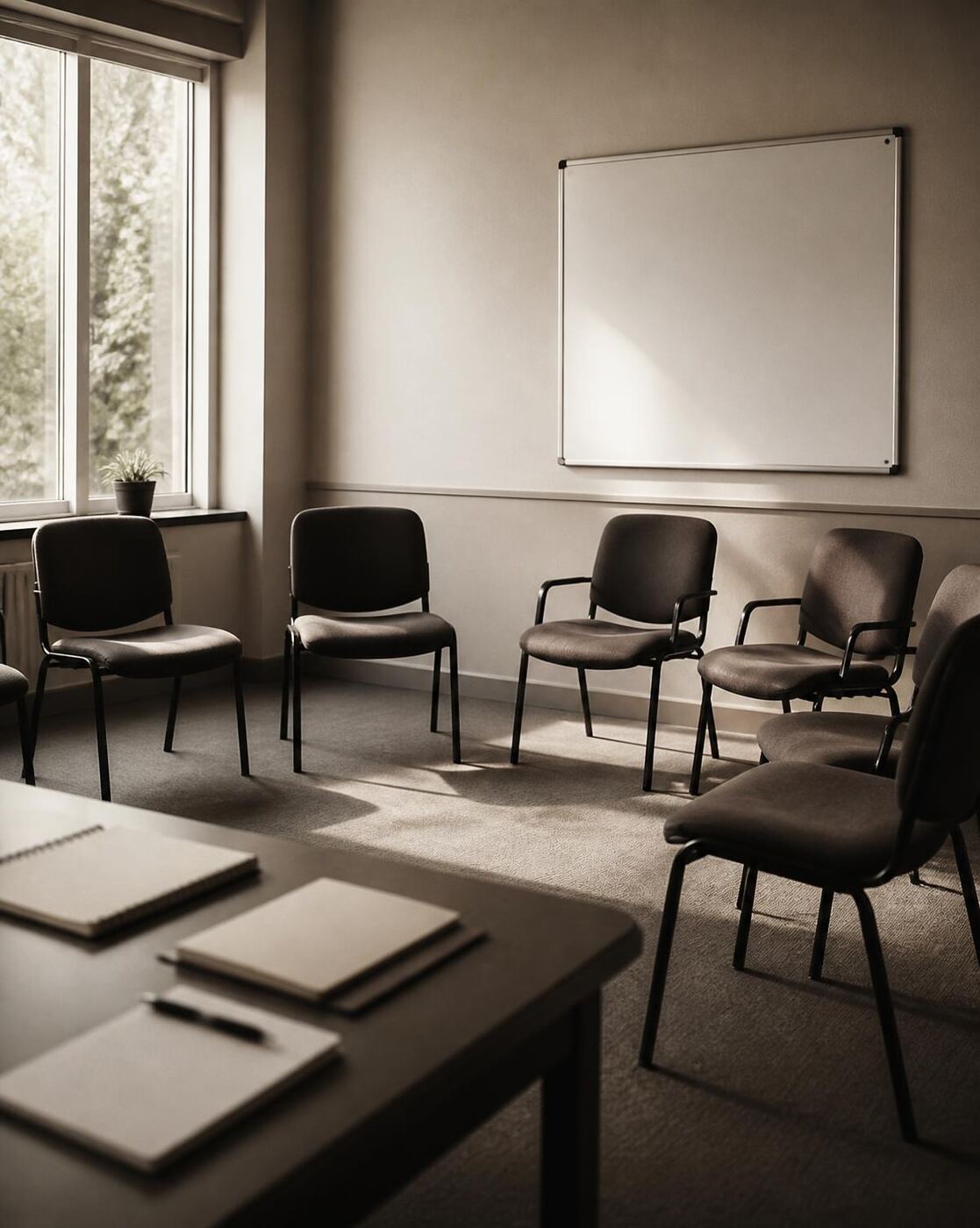 Aula de formació preparada amb cadires en semicercle i pissarra