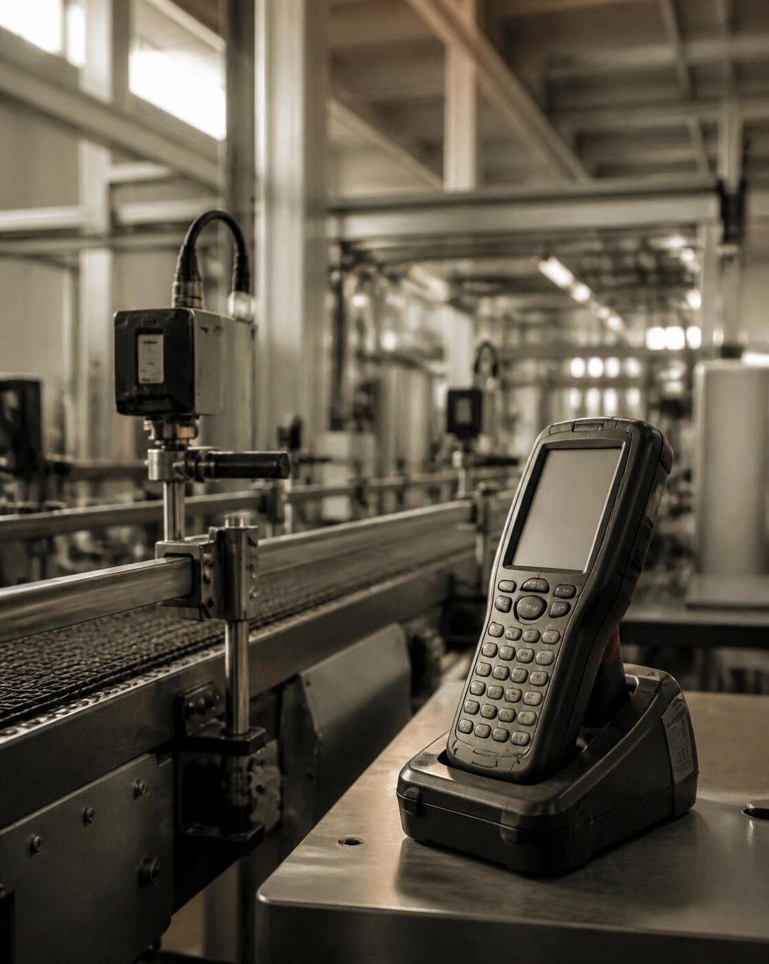 Línia de producció industrial amb terminal PDA de control en temps real